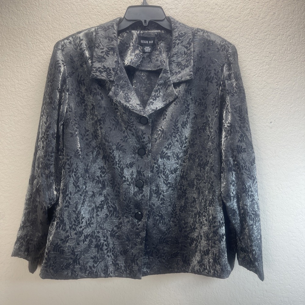 Leslie Fay 22WP Petite Plus Silver Gray Black Floral Button Front Blazer Jacket